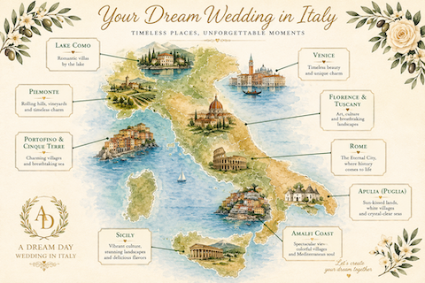 Illustrated map of the best wedding locations in Italy including Lake Como, Piedmont, Tuscany, Venice, Rome, Amalfi Coast, Puglia and Sicily.