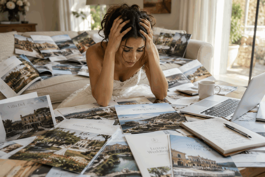 Bride overwhelmed by wedding venue brochures while planning a destination wedding in Italy