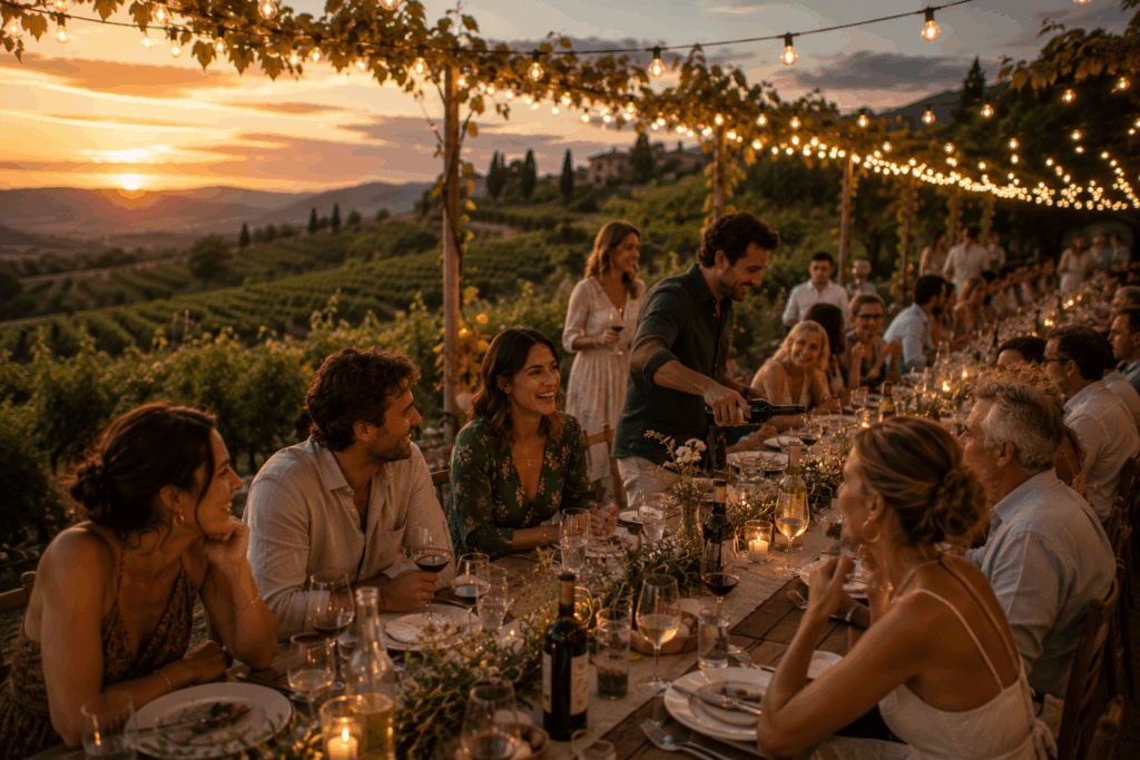 Guests enjoying an outdoor welcome dinner during a destination wedding weekend in Italy