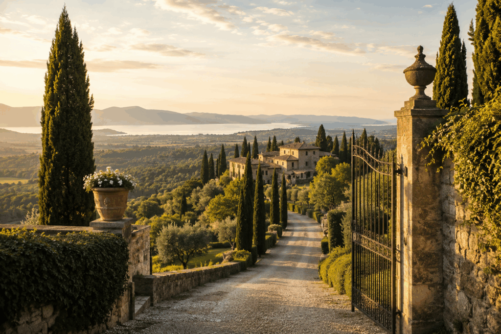Tree-lined driveway leading to an elegant Italian wedding venue surrounded by rolling hills and cypress trees.