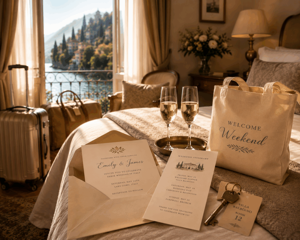 Welcome bag and wedding itinerary in a hotel room for a destination wedding in Italy