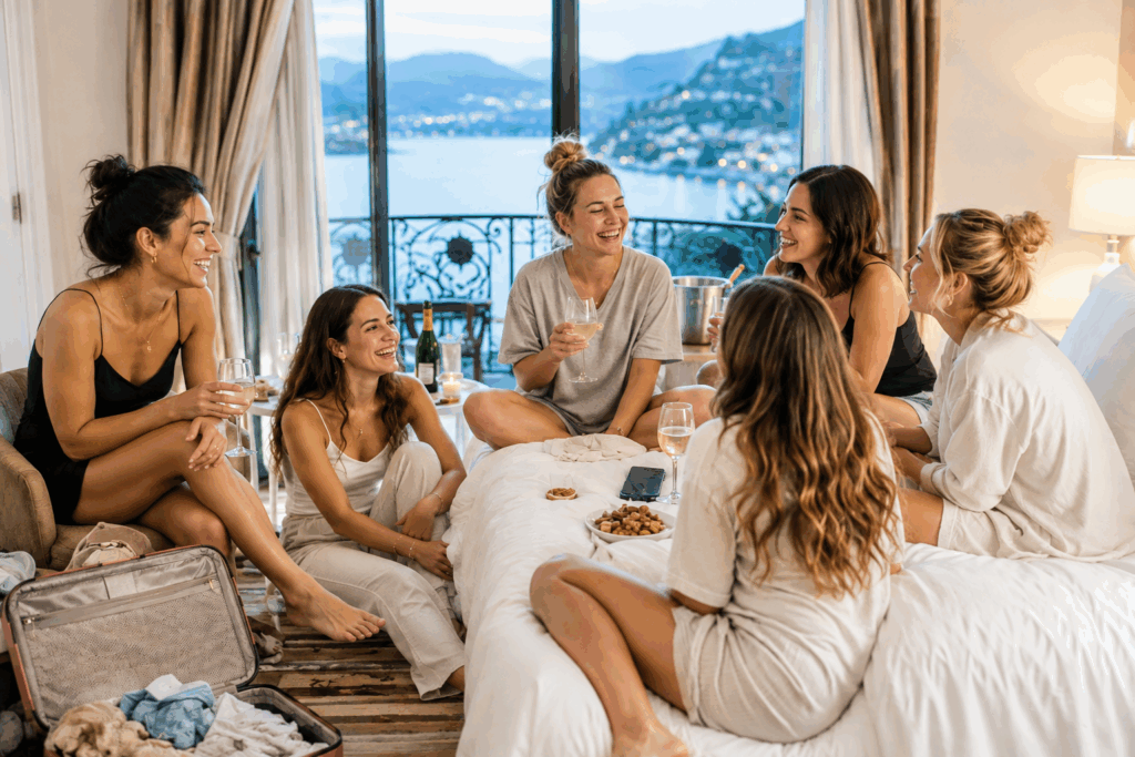 Bride spending time with her bridesmaids before a destination wedding in Italy