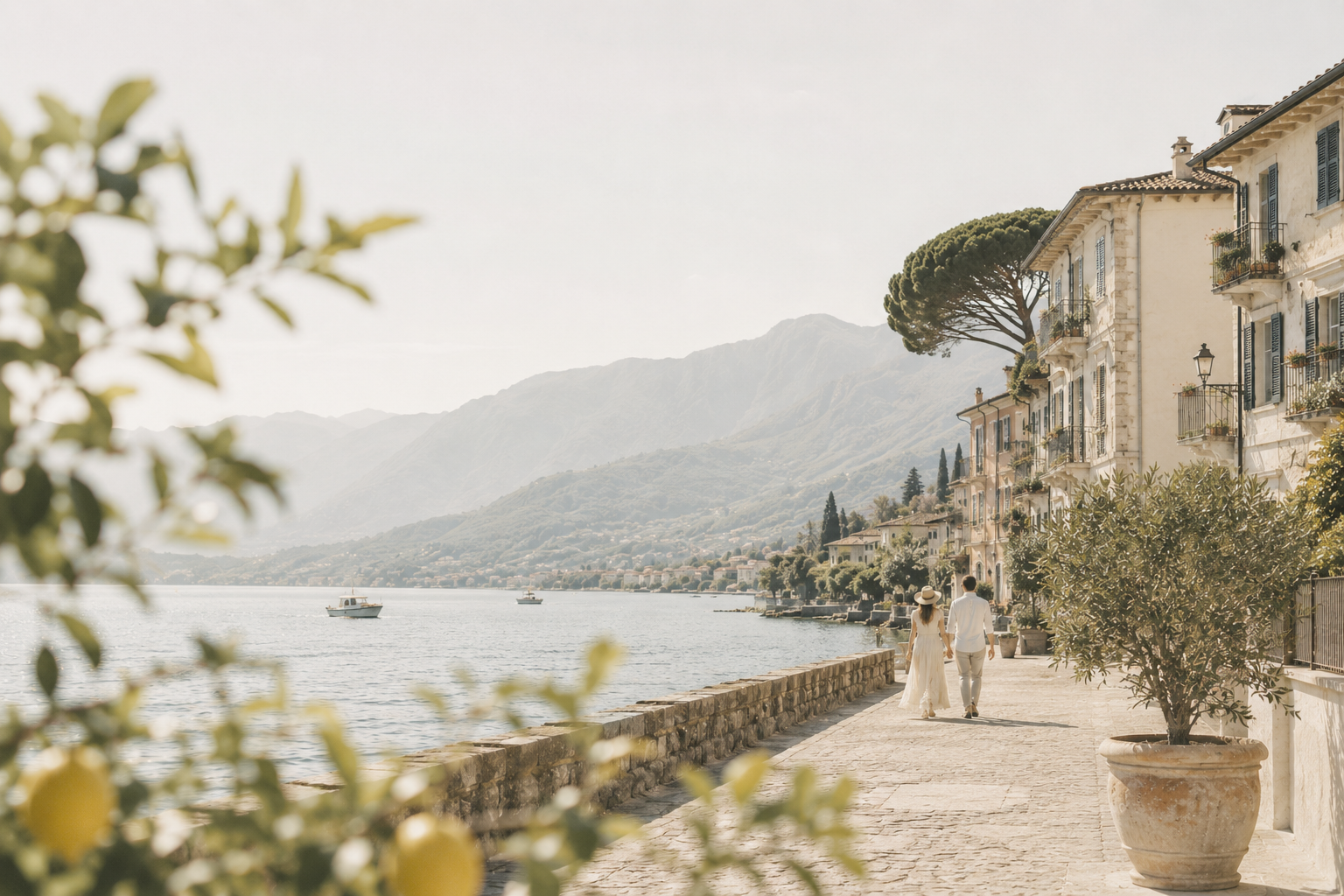 Couple enjoying the relaxed atmosphere of an Italian lakeside village during a destination wedding weekend in Italy