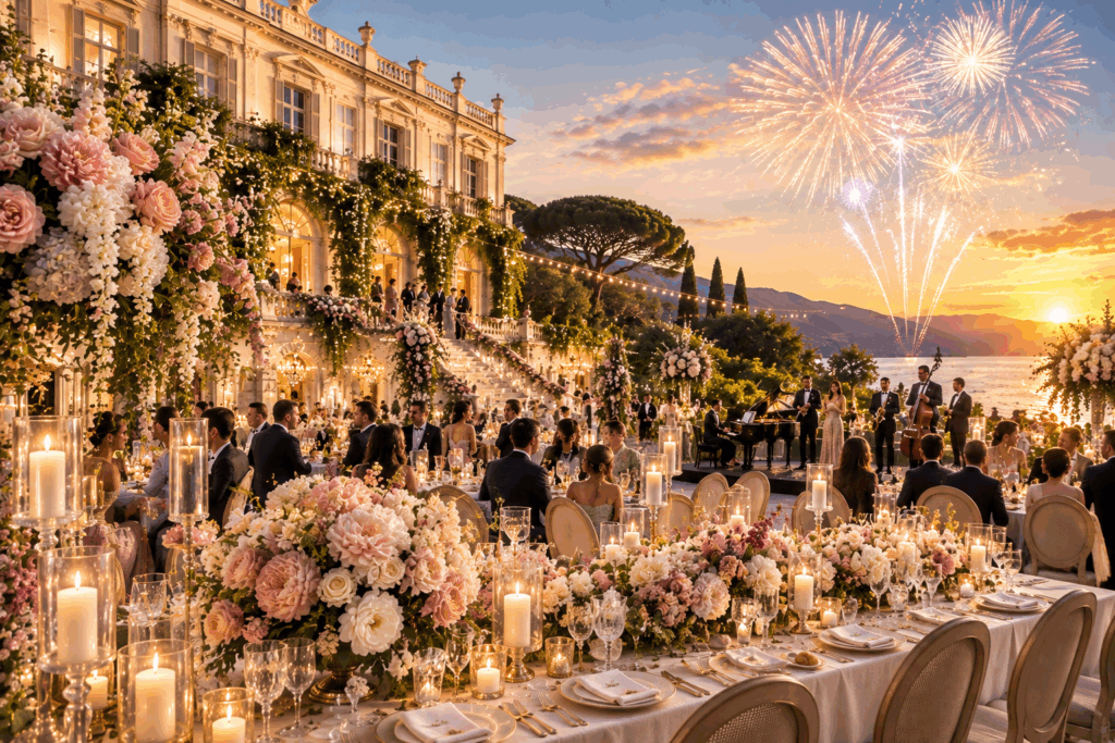 Luxury destination wedding reception in Italy with live music and fireworks