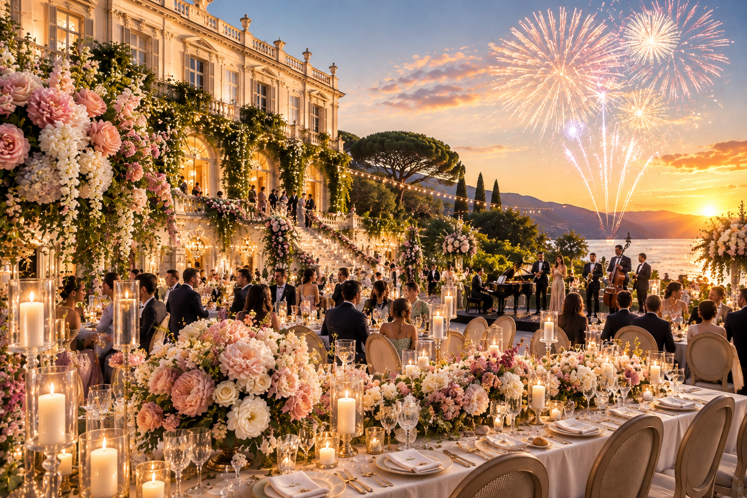 Luxury destination wedding reception in Italy with live music and fireworks