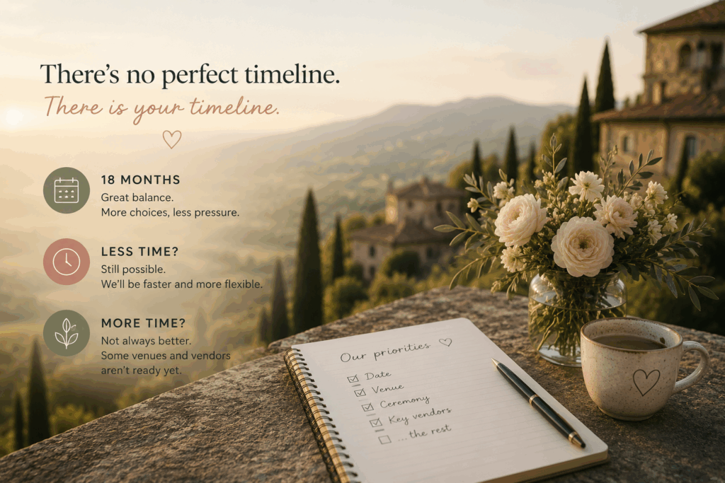 Destination wedding planning timeline in Italy with different timing options
