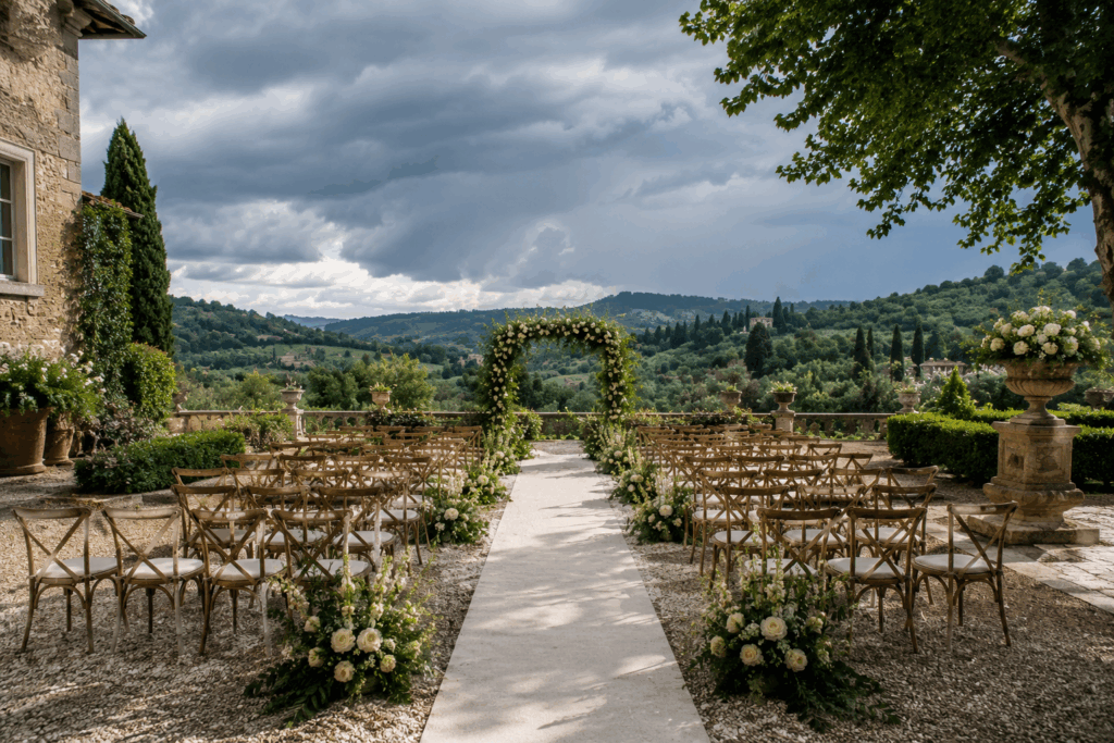 Outdoor wedding ceremony in Italy under a threatening sky