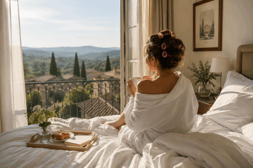 Wedding guest enjoying a quiet morning in her hotel room in Italy