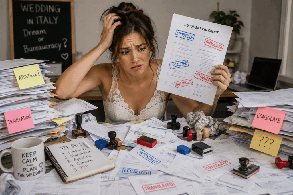 Confused bride dealing with legal documents, apostilles and translations for a wedding in Italy