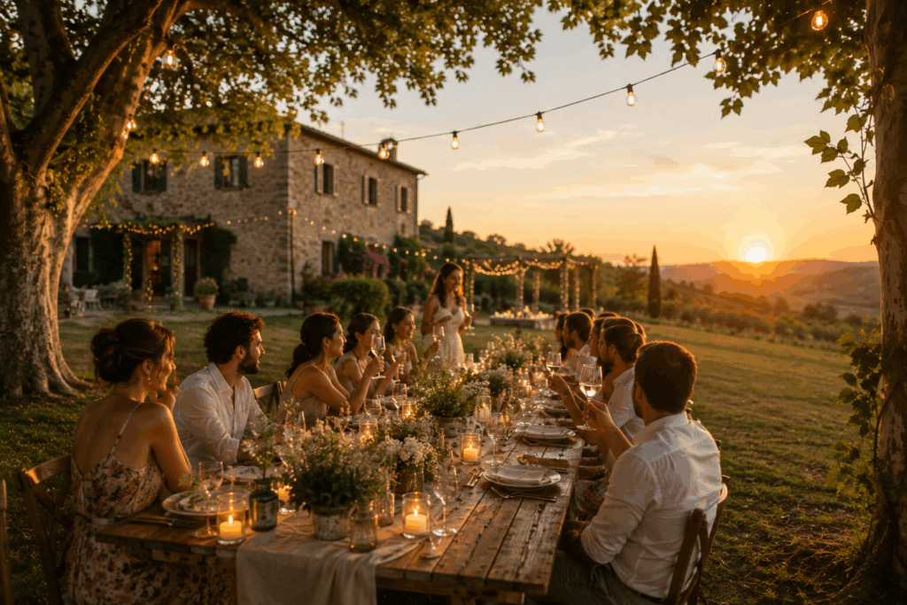 Wedding guests enjoying a relaxed dinner together in Italy