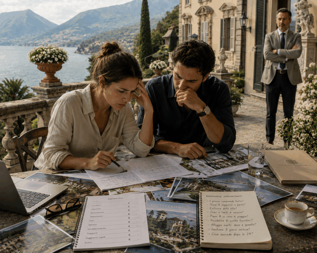 Couple evaluating a wedding venue in Italy before making their final decision