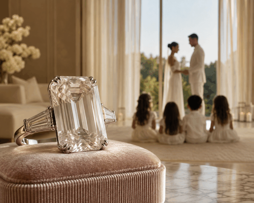 Luxury diamond engagement ring and intimate wedding ceremony
