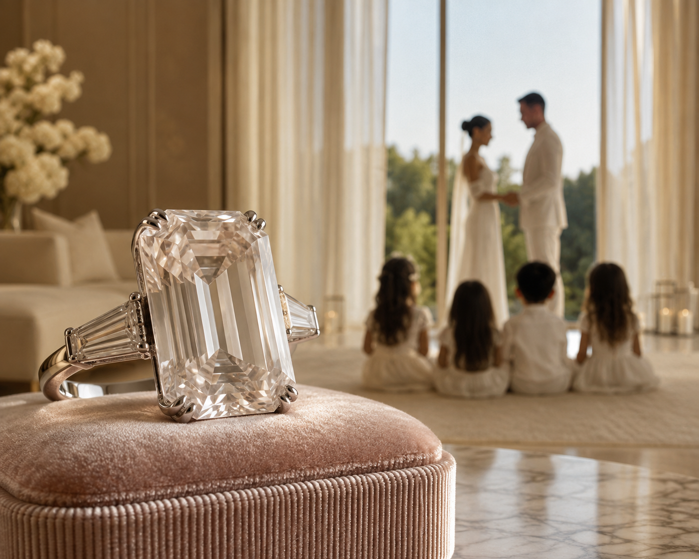 Luxury diamond engagement ring and intimate wedding ceremony