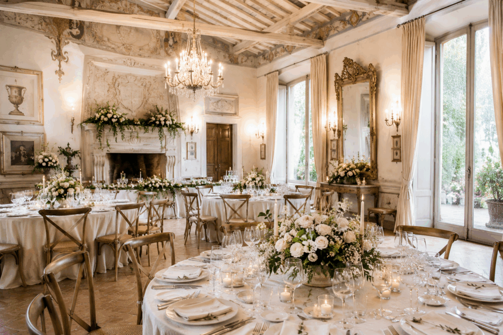 Elegant indoor wedding reception in an Italian villa