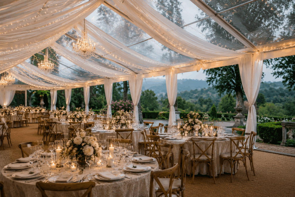 Elegant wedding tent for an outdoor wedding reception in Italy