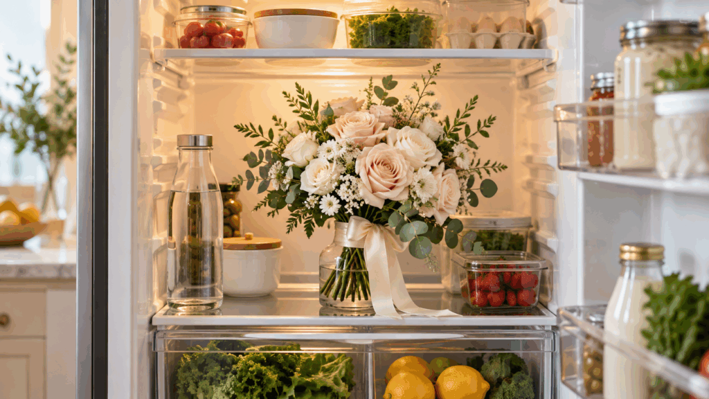 Bridal bouquet with ivory and blush flowers in a vase inside an open refrigerator.