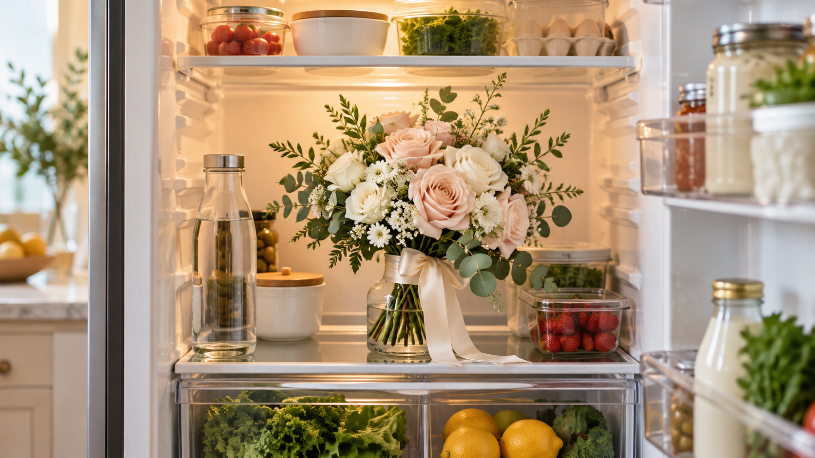 Bridal bouquet with ivory and blush flowers in a vase inside an open refrigerator.