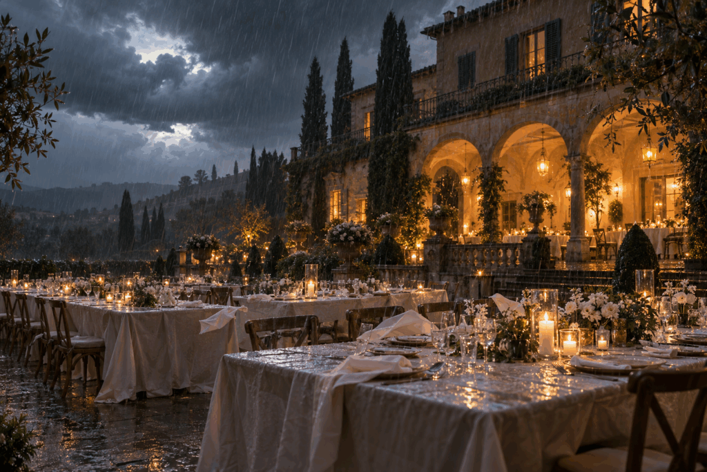Outdoor wedding reception tables at an Italian villa during a sudden rainstorm.